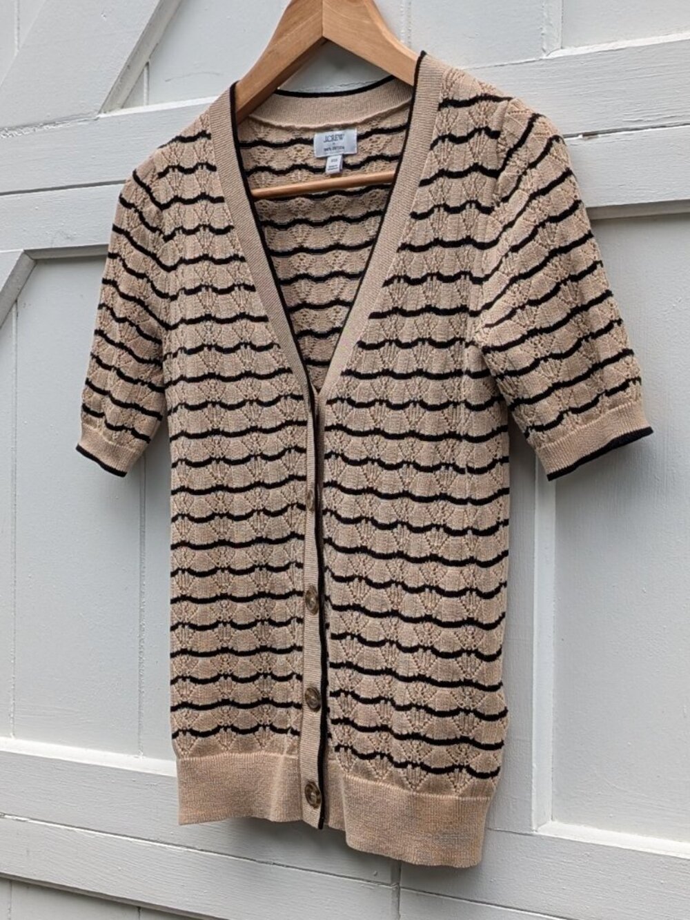 J Crew Tan Black Wave Stripe Pointelle Short Sleeve Cotton Cardigan XXS